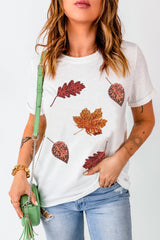 White Halloween Sequined Leaves Graphic Crew Neck T Shirt Graphic Tees JT's Designer Fashion