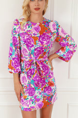 Purple Floral Keyhole Back Long Sleeve Belted Dress Floral Dresses JT's Designer Fashion