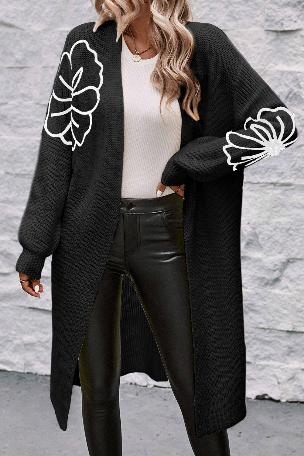 Black Flower Embroidered Drop Shoulder Open Front Duster Cardigan Black 100%Acrylic Cardigans JT's Designer Fashion