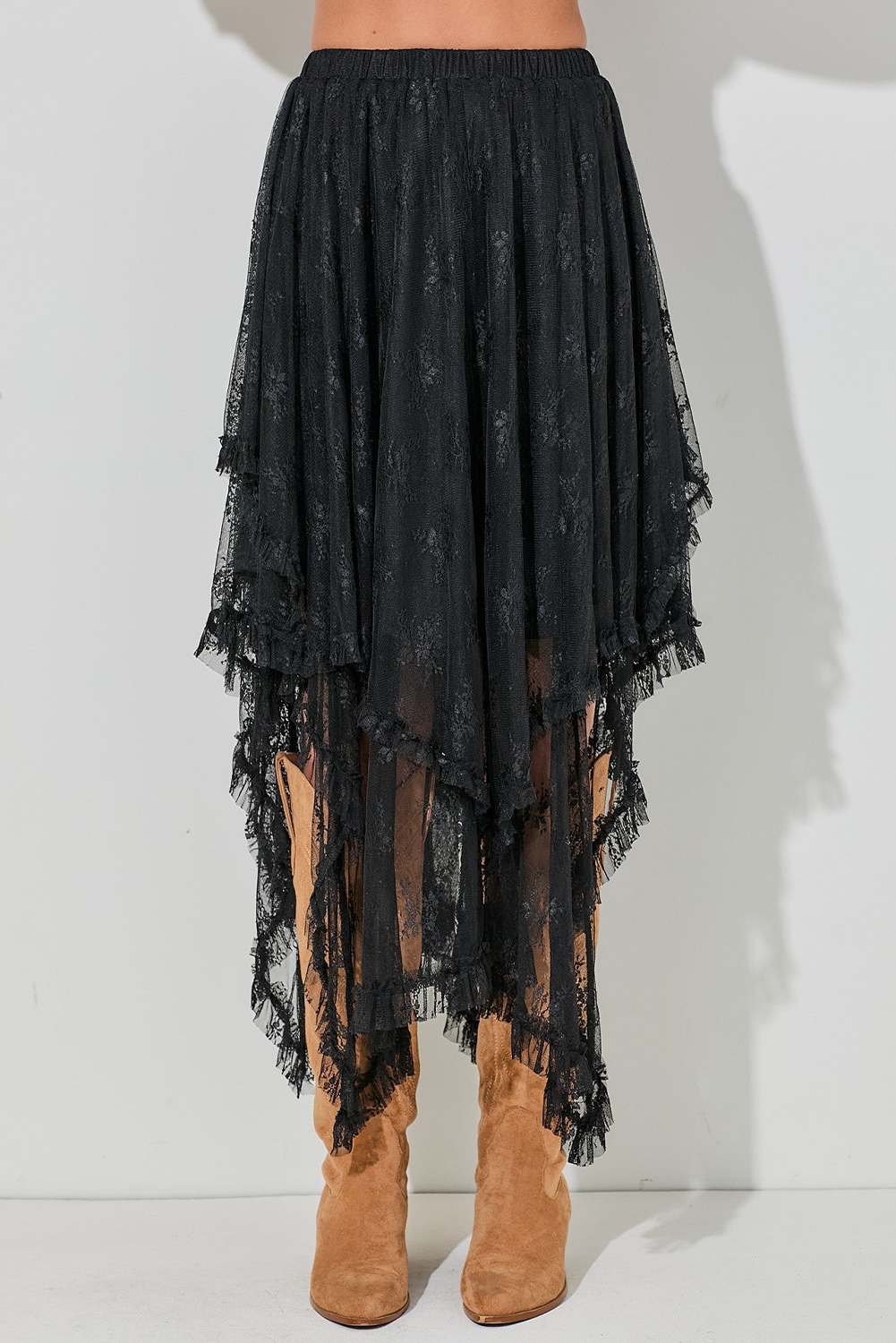 Black Lace Cascading Tiered High Waist Maxi Skirt Bottoms JT's Designer Fashion