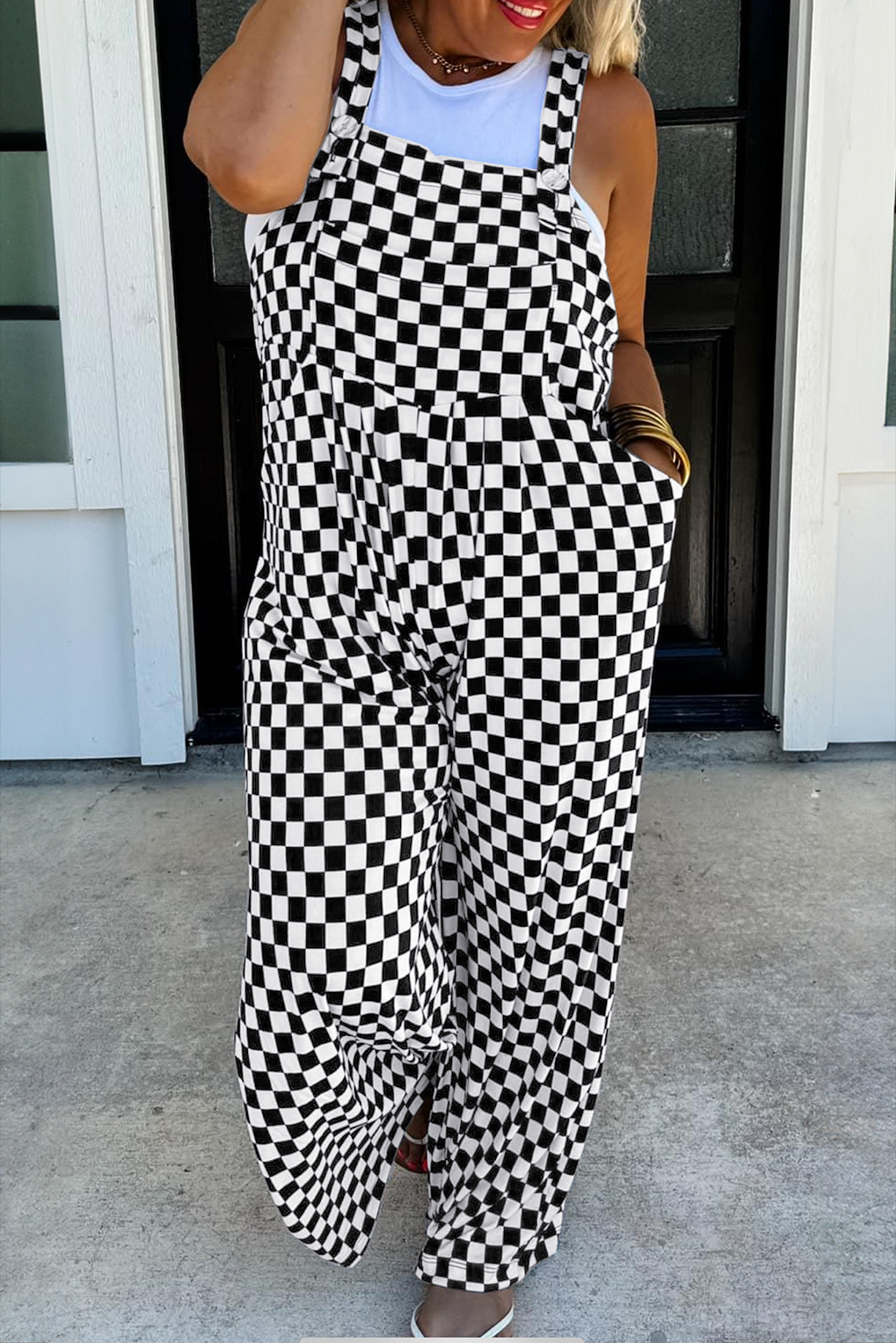 Black Checkered Print Pocketed Wide Leg Jumpsuit Black 95%Polyester+5%Elastane Jumpsuits & Rompers JT's Designer Fashion