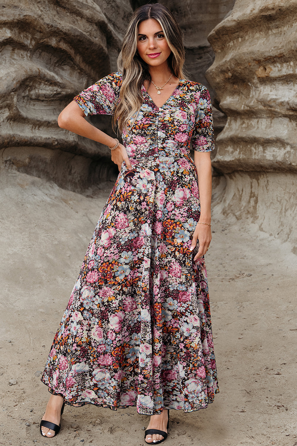 Brown Mesh Leopard Floral Reversible V Neck Short Sleeve Dress Dresses JT's Designer Fashion
