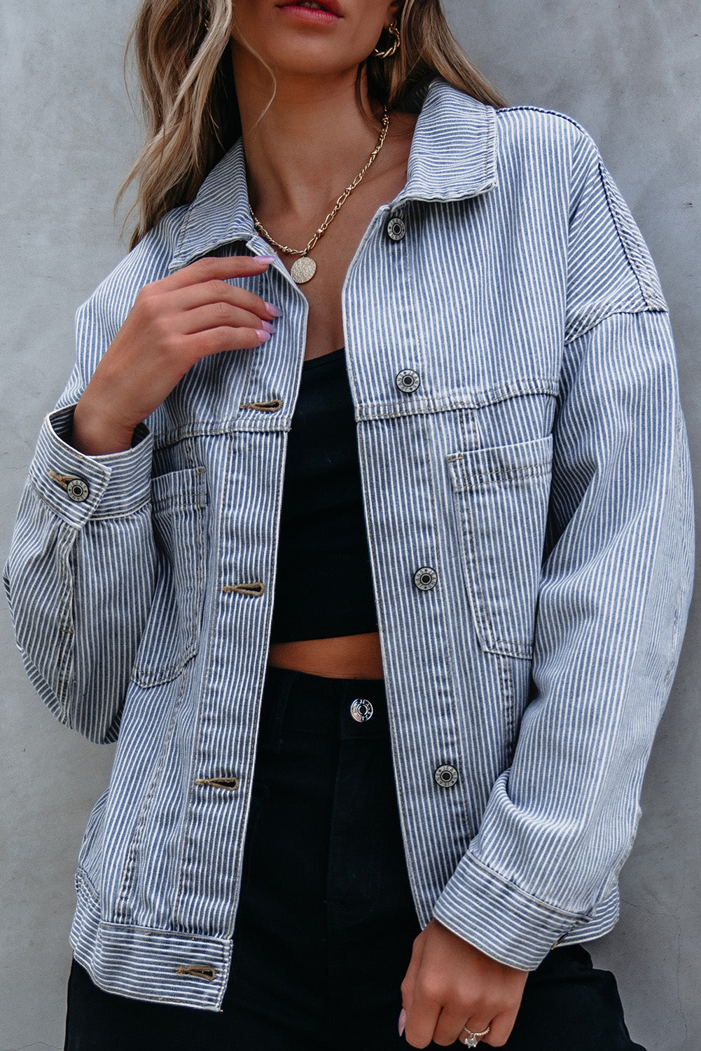 Sky Blue Stripe Washed Oversize Pocketed Denim Jacket Sky Blue Stripe 75%Cotton+25%Polyester Denim Jackets JT's Designer Fashion