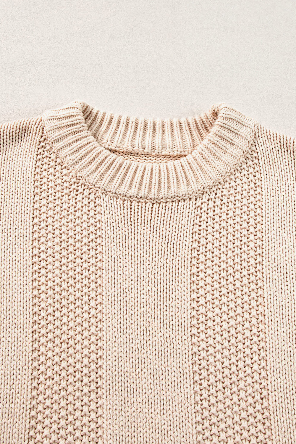Pale Khaki Solid Color Cable Knit Ribbed Loose Sweater Sweaters JT's Designer Fashion
