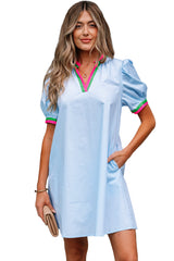 Myosotis Contrast Striped Notched V Neck Puff Sleeve Mini Dress Mini Dresses JT's Designer Fashion