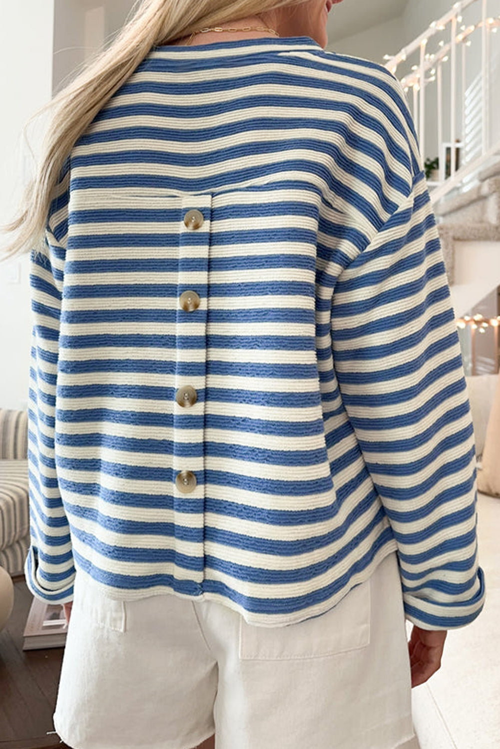 Sky Blue Stripe Chest Pocket Buttoned Back Notched V Neck Top Long Sleeve Tops JT's Designer Fashion
