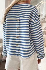 Sky Blue Stripe Chest Pocket Buttoned Back Notched V Neck Top Long Sleeve Tops JT's Designer Fashion