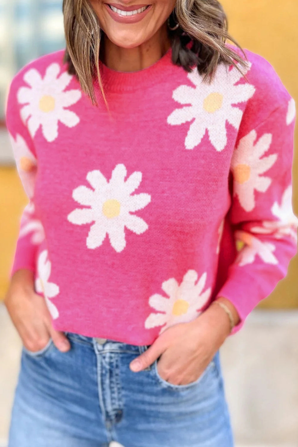 Bright Pink Daisy Flower Crew Neck Long Sleeve Sweater Sweaters JT's Designer Fashion
