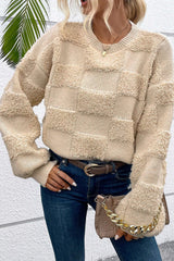 Parchment Checkered Sherpa Crew Neck Loose Sweater Parchment 100%Acrylic Sweaters JT's Designer Fashion