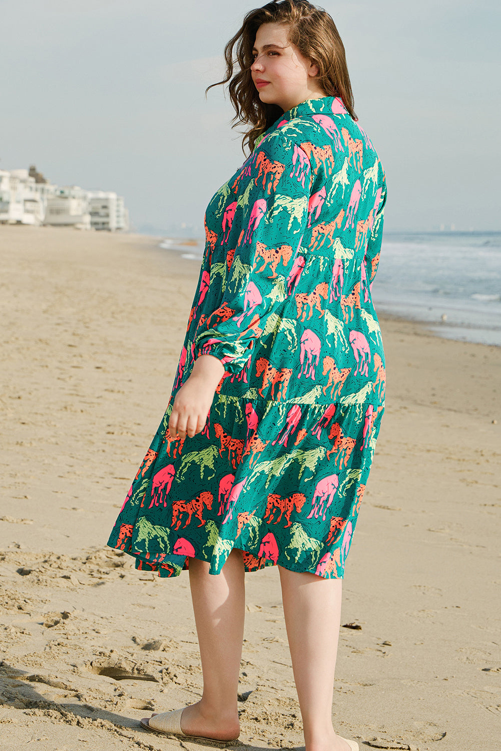 Green Horse Printed Long Sleeve Collared Buttoned Plus Size Midi Dress Plus Size Midi Dresses JT's Designer Fashion