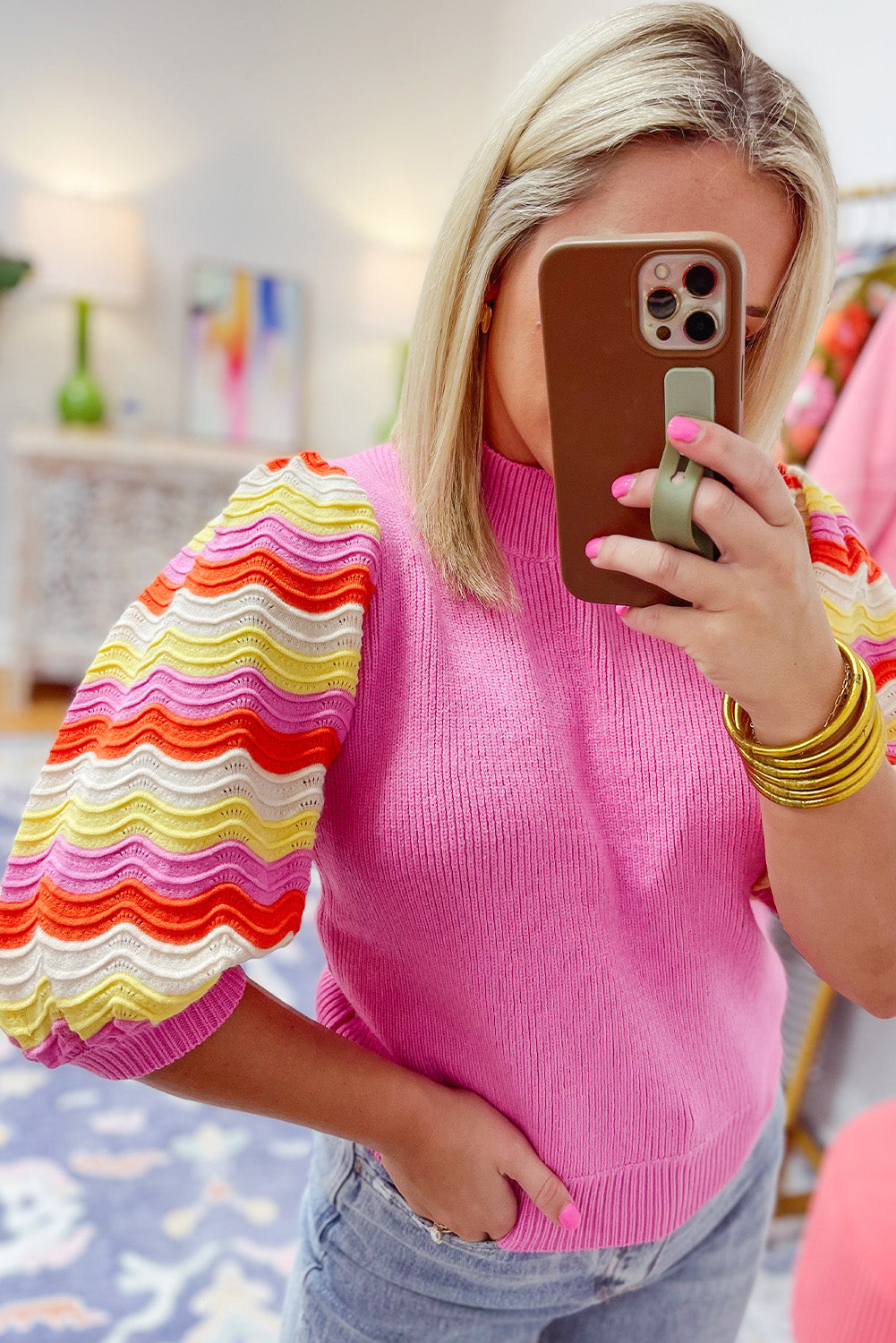 Pink Ribbed Knit Contrast Sleeve Sweater Top Sweaters & Cardigans JT's Designer Fashion