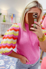Pink Ribbed Knit Contrast Sleeve Sweater Top Sweaters & Cardigans JT's Designer Fashion