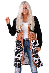 Black Western Pattern Cow Patchwork Open Front Cardigan Sweaters & Cardigans JT's Designer Fashion
