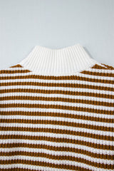 Khaki Stripe Zip up Collar Drop Shoulder Sweater Sweaters JT's Designer Fashion