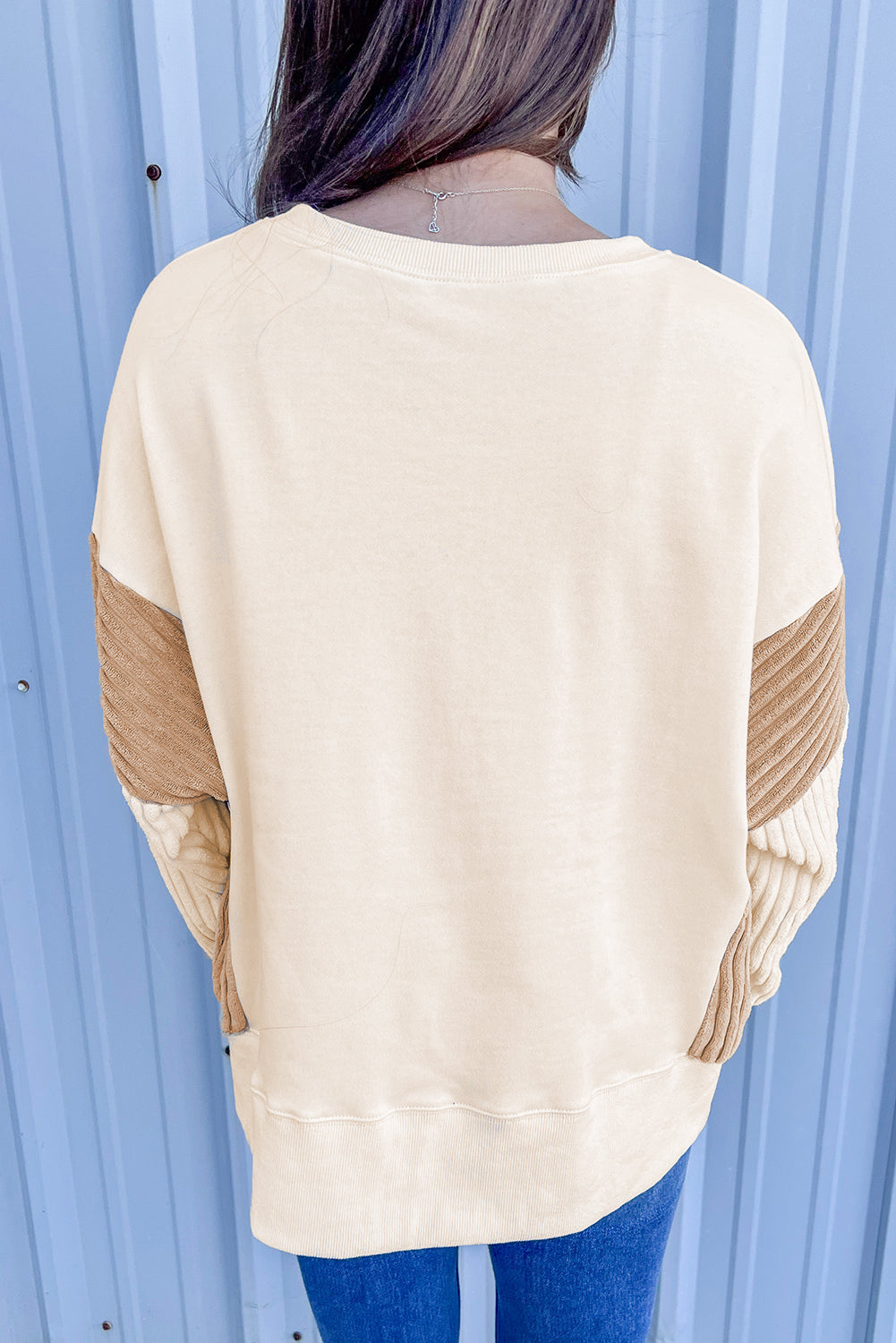 Apricot Corduroy Patchwork Drop Shoulder Long Sleeve Sweatshirt Sweatshirts & Hoodies JT's Designer Fashion