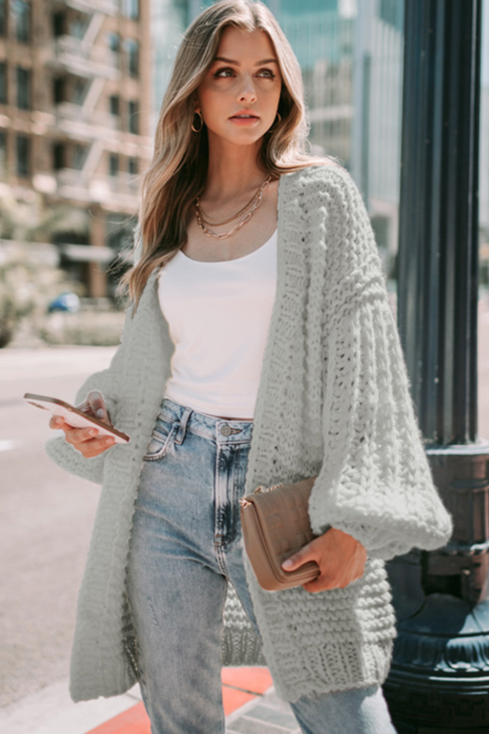 Gray Chunky Oversize Knit Drop Shoulder Puff Sleeve Cardigan Cardigans JT's Designer Fashion