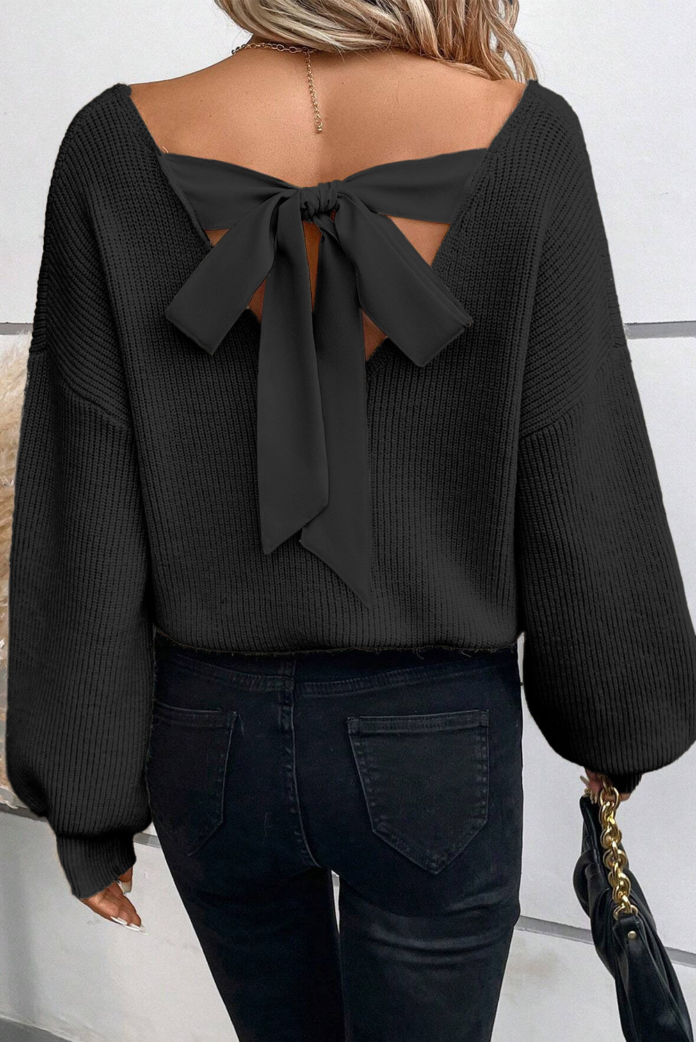 Black Lantern Sleeve V Neck Knot Back Sweater Sweaters JT's Designer Fashion