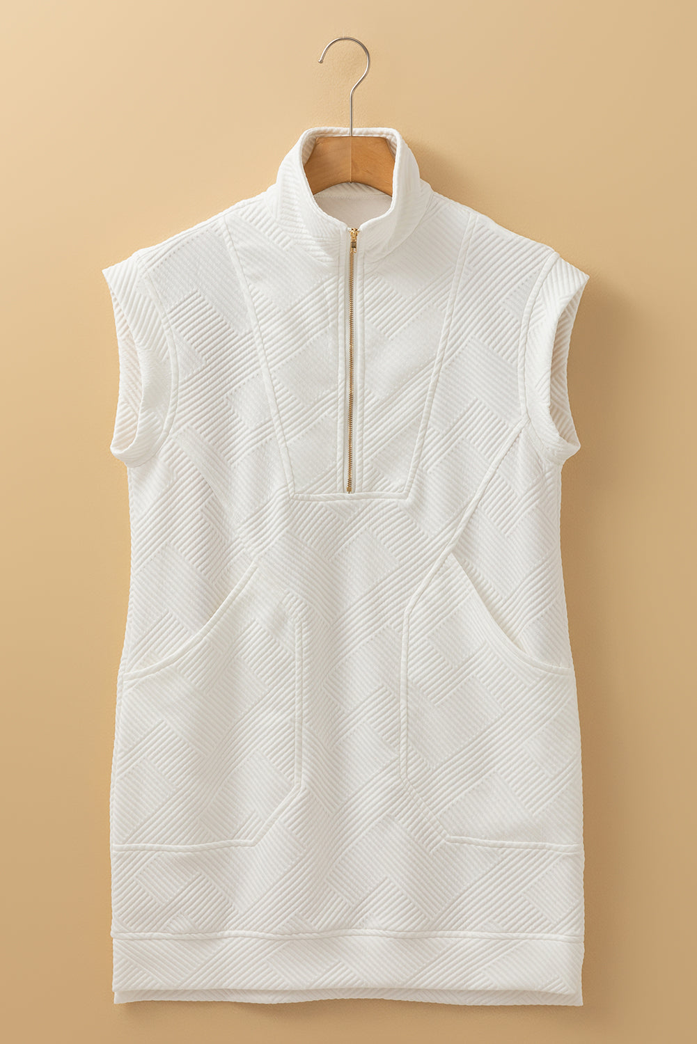White Textured Half Zip Collared Cap Sleeve Mini Dress Mini Dresses JT's Designer Fashion