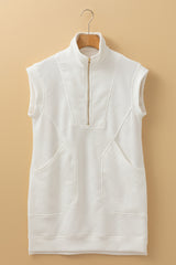 White Textured Half Zip Collared Cap Sleeve Mini Dress Mini Dresses JT's Designer Fashion