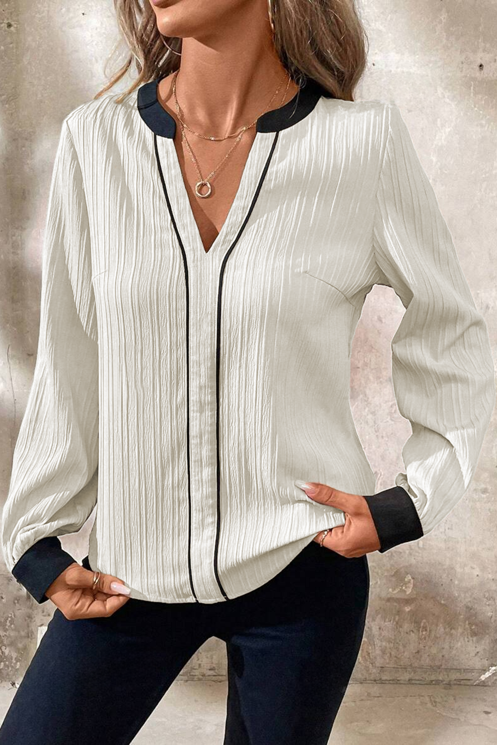 White Textured Colorblock V Neck Elegant Blouse Blouses & Shirts JT's Designer Fashion
