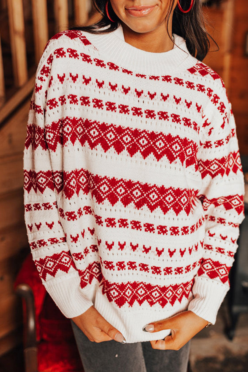 White Western Geometric Patterned Crew Neck Loose Sweater Sweaters JT's Designer Fashion