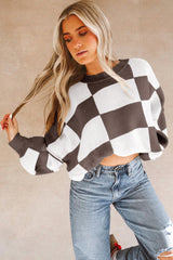 Dark Brown Checkered Bishop Sleeve Sweater Sweaters JT's Designer Fashion
