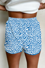 Blue Leopard Elastic Waist Lace up Contrast Trim Casual Shorts Casual Shorts JT's Designer Fashion