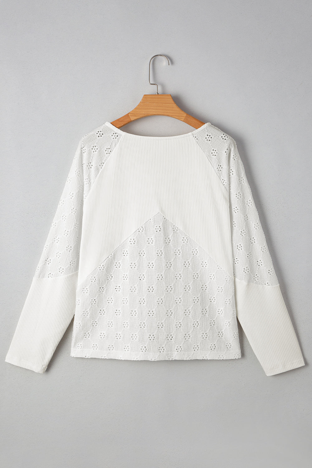 White Twisted Rib Patchwork Embroidered Loose V Neck Long Sleeve Top Blouses & Shirts JT's Designer Fashion