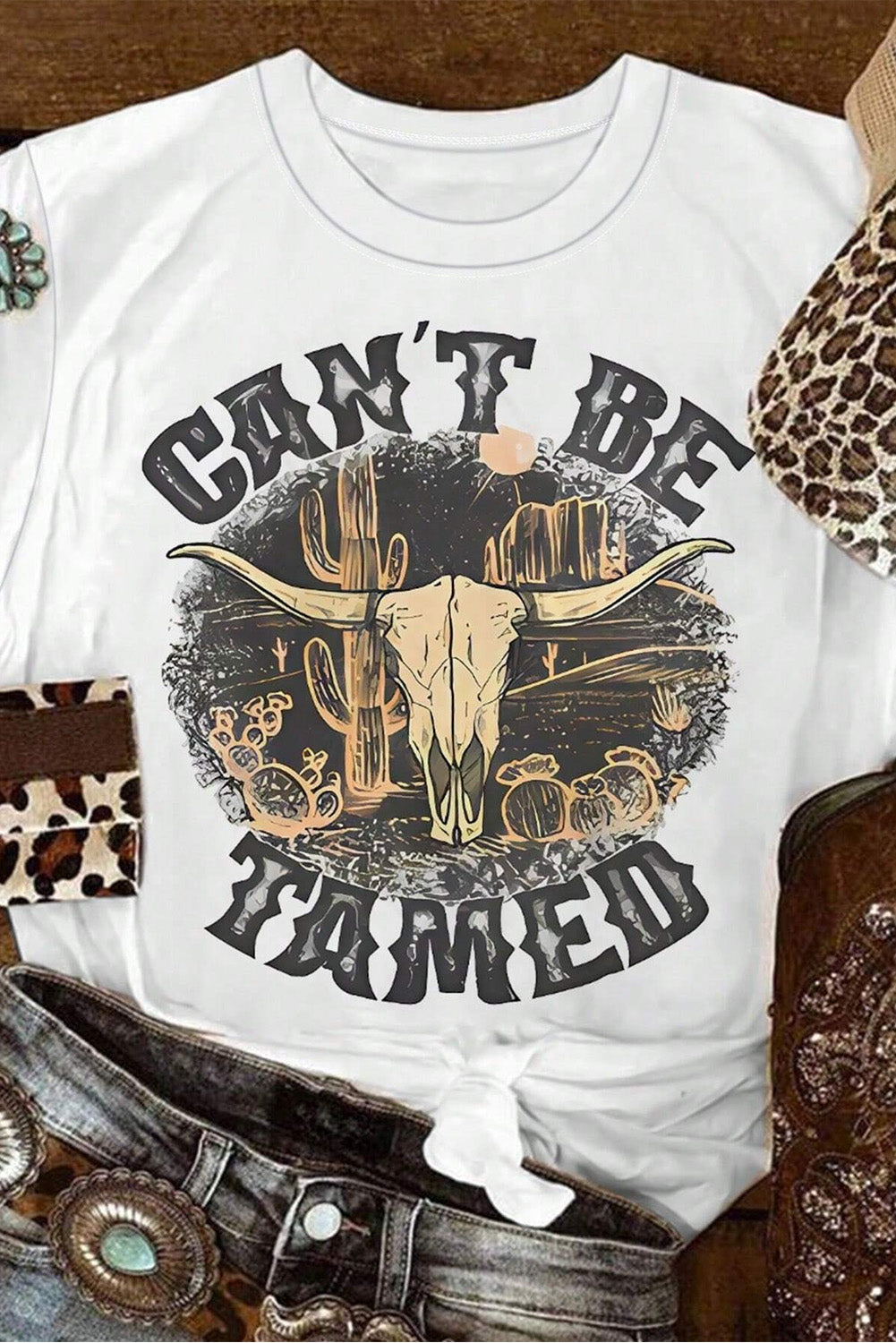 White Cant Be Tamed Western Steer Head Crew Neck T Shirt Graphic Tees JT's Designer Fashion