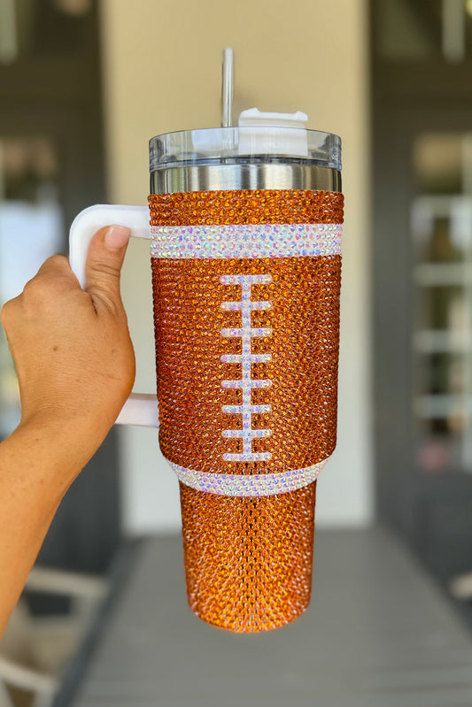Orange Rhinestone Rugby Football Handle Vacuum Cup 40oz Tumblers JT's Designer Fashion