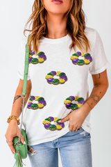 White Sequined Mardi Gras Pattern Crew Neck Short Sleeve Top Graphic Tees JT's Designer Fashion