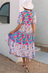 Sky Blue Mixed Floral Print Tie Split Neck Short Sleeve Dress Floral Dresses JT's Designer Fashion