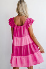 Pink Crinkled Colorblock Patchwork Flutter Tiered Mini Dress Mini Dresses JT's Designer Fashion