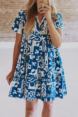 Blue Ricrac Trim Split Neck Floral Loose Dress Floral Dresses JT's Designer Fashion