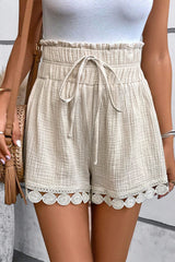 Apricot Textured Frilled Knotted High Waist Lace Hem Shorts Casual Shorts JT's Designer Fashion