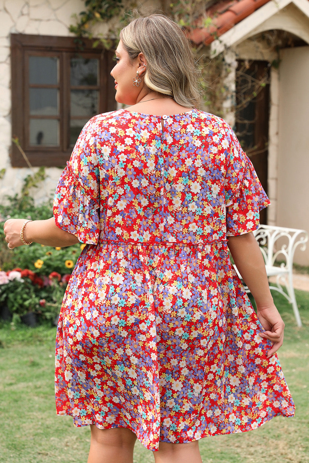 Red Dainty Flower Printed Plus Size Short Sleeve Shift Dress Plus Size Mini Dresses JT's Designer Fashion
