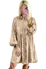 Apricot Metallic Sheen Puff Sleeve Button Up Mini Shirt Dress Mini Dresses JT's Designer Fashion