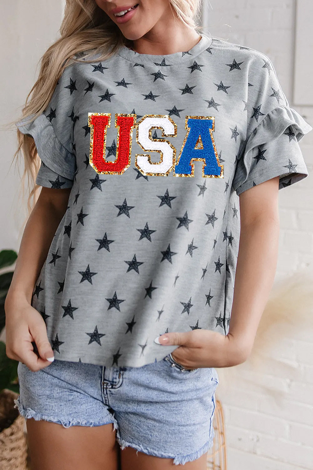 Gray USA Letter Patched Star Printed Ruffle Trim Sleeves Loose Tee Graphic Tees JT's Designer Fashion