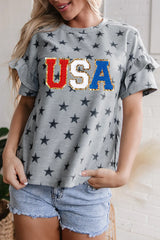 Gray USA Letter Patched Star Printed Ruffle Trim Sleeves Loose Tee Graphic Tees JT's Designer Fashion