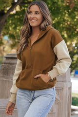 Chestnut Color Block Half Zip Kangaroo Pocketed Hoodie Sweatshirts & Hoodies JT's Designer Fashion