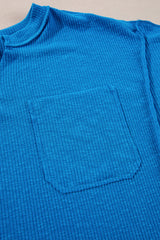 Blue Ribbed Exposed Seam Knit V Neck Long Sleeve Top Long Sleeve Tops JT's Designer Fashion