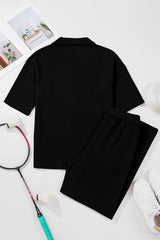 Black Solid Color Textured Buttoned Shirt and Casual Pants Set Pant Sets JT's Designer Fashion