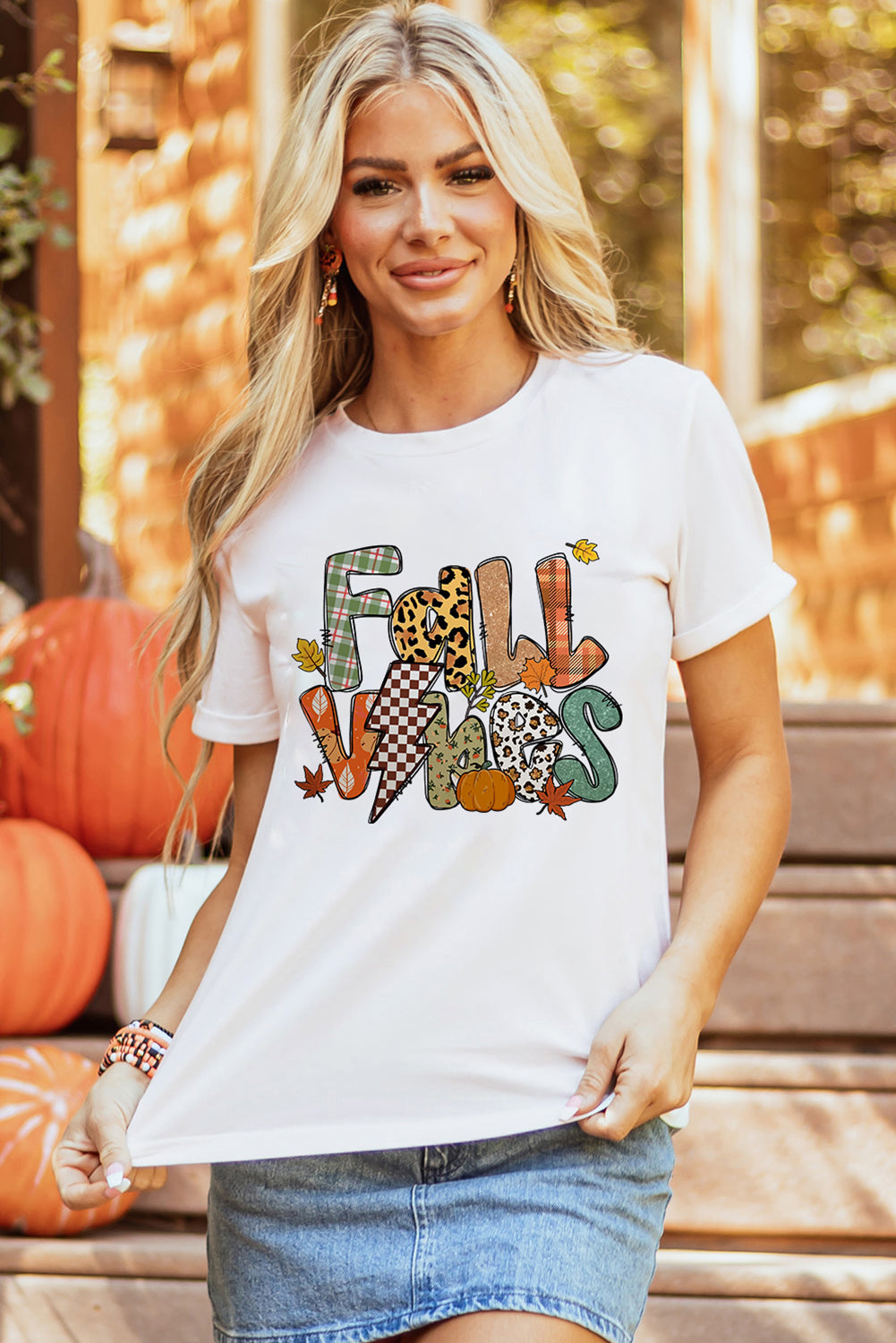 White FALL VIBES Cotton Blend Casual T Shirt Graphic Tees JT's Designer Fashion