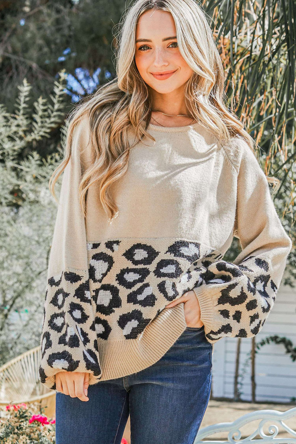 Khaki Leopard Patchwork Knitted Puff Sleeve Sweater Sweaters & Cardigans JT's Designer Fashion