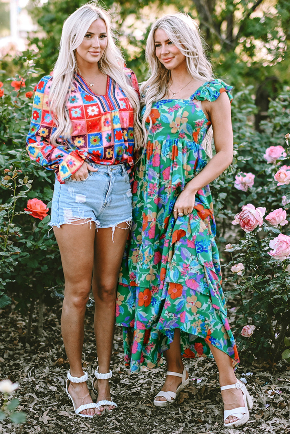 Green Floral Print Sleeveless Ruffle Tiered Maxi Dress Floral Dresses JT's Designer Fashion