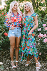 Green Floral Print Sleeveless Ruffle Tiered Maxi Dress Floral Dresses JT's Designer Fashion