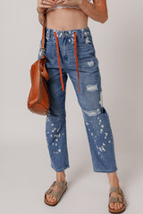 Ashleigh Blue Ripped Splattering Paint Rope Waist Cropped Straight Jeans Jeans JT's Designer Fashion