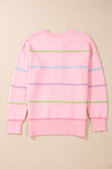 Pink Rainbow Stripes Drop Shoulder Baggy Henley Sweater Sweaters JT's Designer Fashion