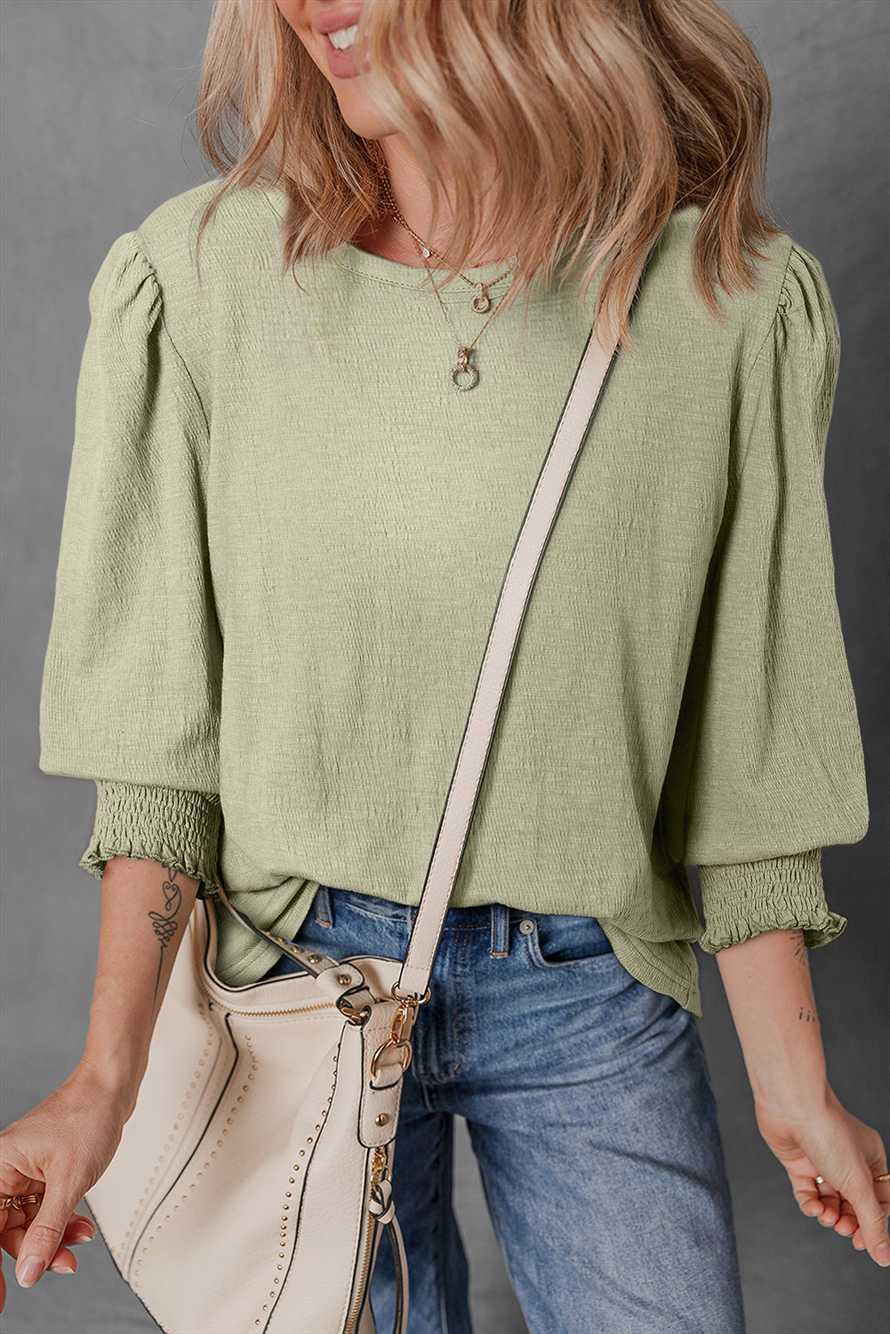 Laurel Green Textured Round Neck Half Sleeve Blouse Laurel Green 65%Polyester+30%Cotton+5%Elastane Blouses & Shirts JT's Designer Fashion