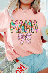 Pink Floral MAMA Bowknot Print Crewneck T Shirt Graphic Tees JT's Designer Fashion